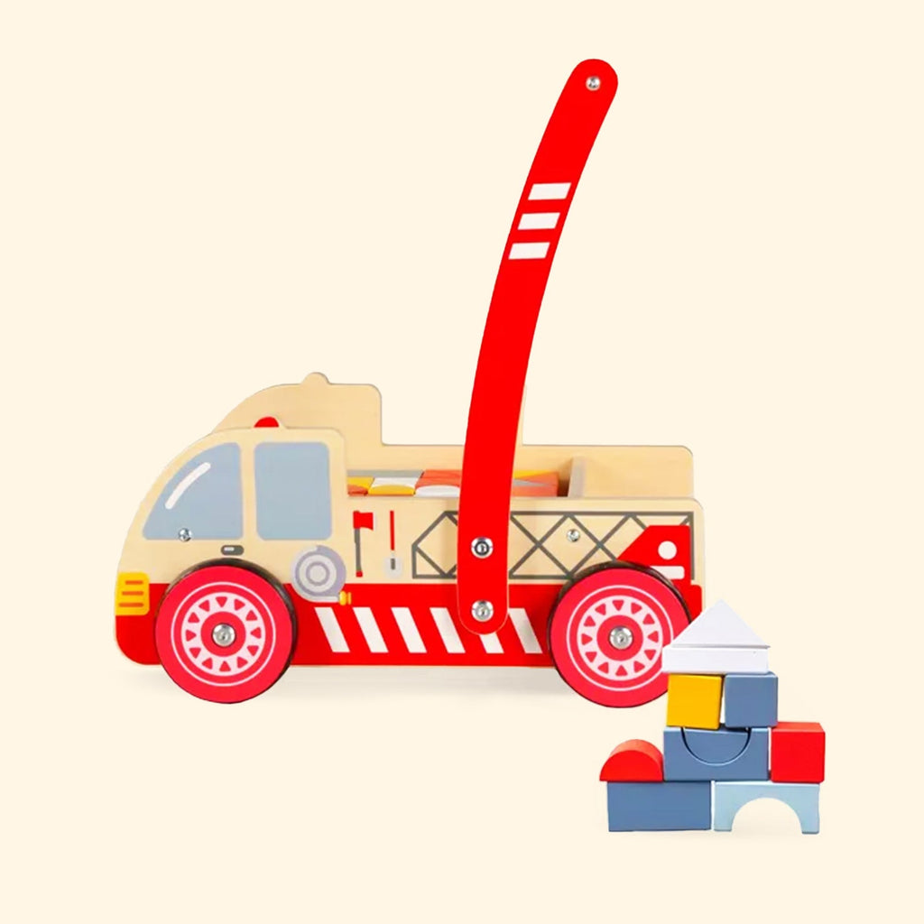 CHARIOT DE MARCHE POMPIER ET CUBES DE CONSTRUCTION EN BOIS - Bébé Nido